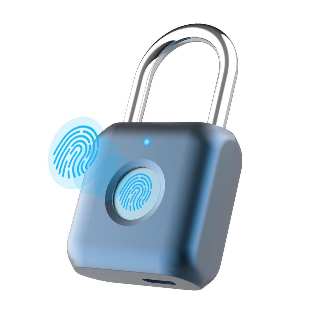 《未使用品》指紋認証　南京錠　スマートロック　防犯　ブルー　防水　USB　鍵